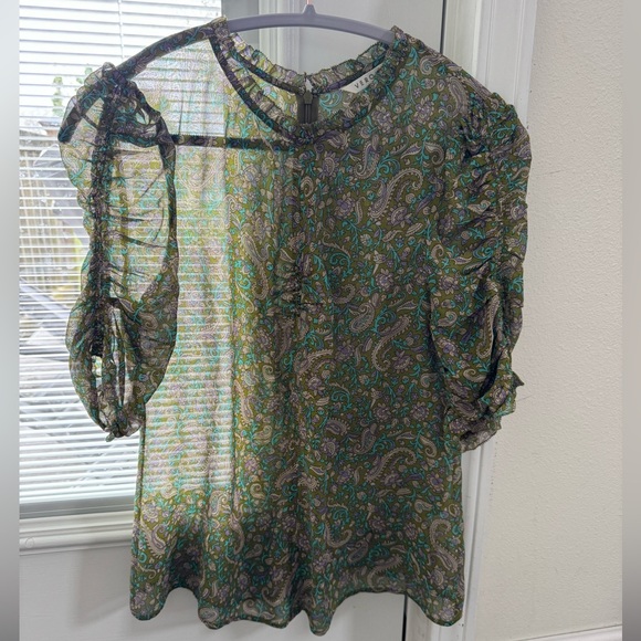 Veronica Beard Natuka Paisley Silk Ruched Short Sleeve Blouse Green Purple Top 6 - Picture 7 of 8